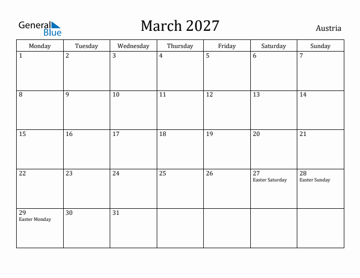 March 2027 Calendar Austria