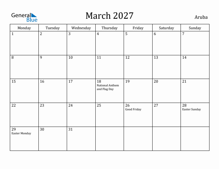 March 2027 Calendar Aruba