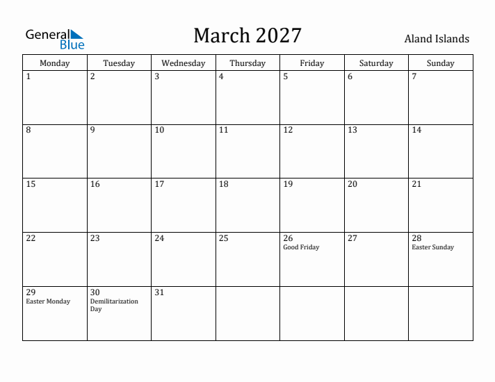 March 2027 Calendar Aland Islands