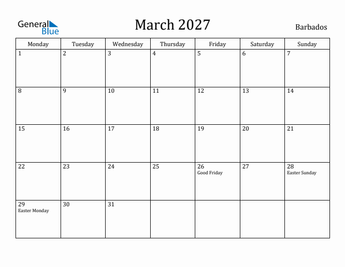 March 2027 Calendar Barbados