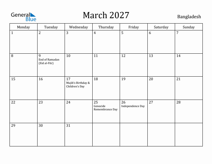 March 2027 Calendar Bangladesh