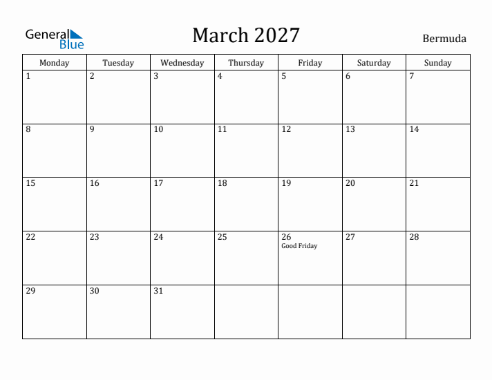 March 2027 Calendar Bermuda