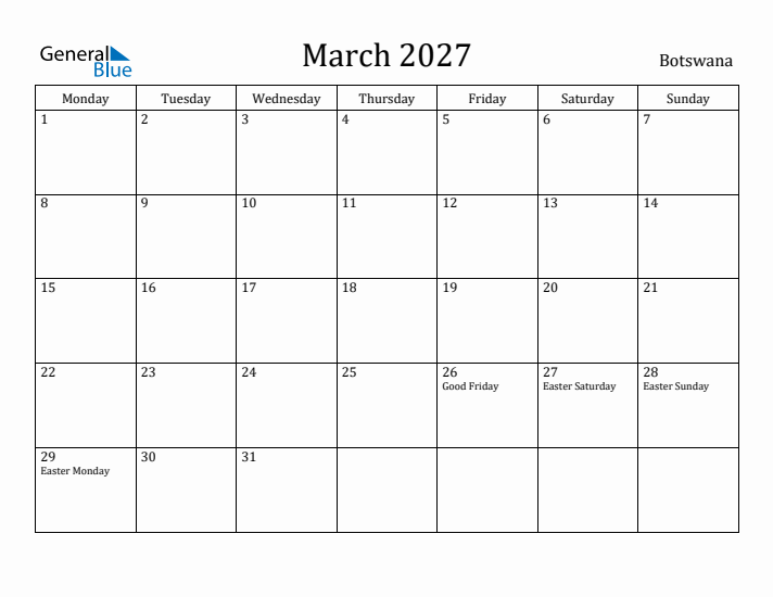 March 2027 Calendar Botswana