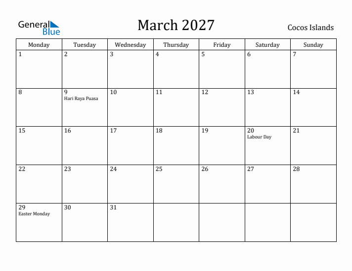 March 2027 Calendar Cocos Islands