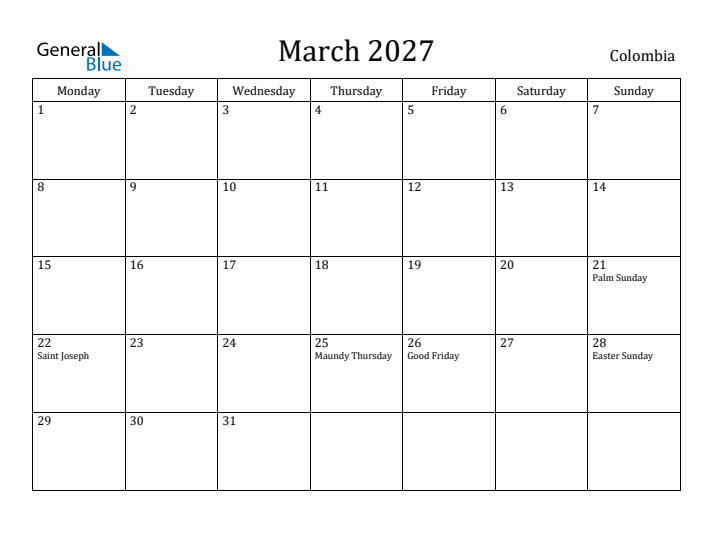 March 2027 Calendar Colombia