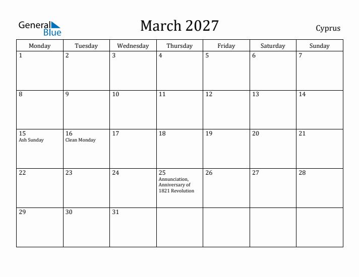 March 2027 Calendar Cyprus