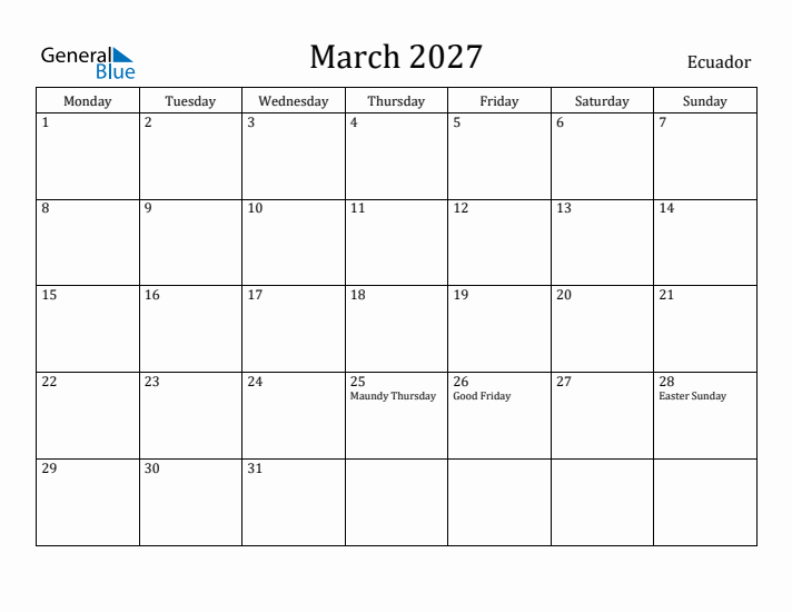 March 2027 Calendar Ecuador