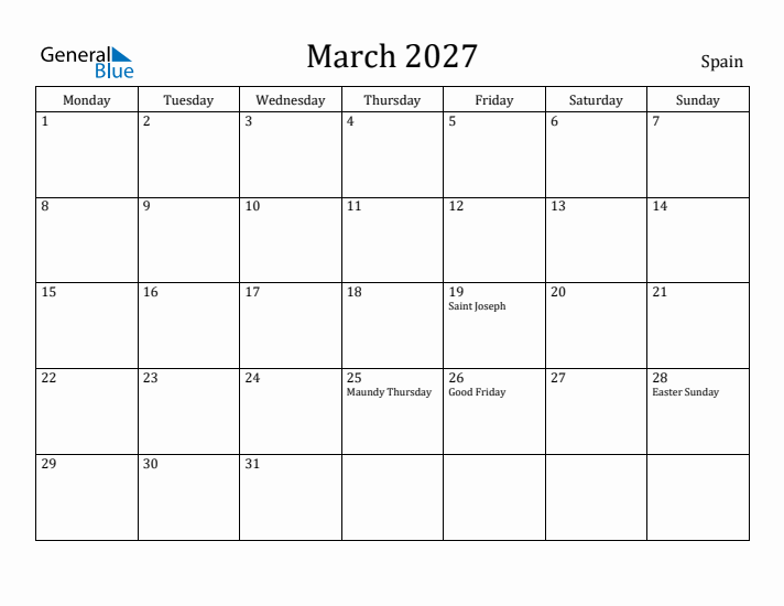 March 2027 Calendar Spain