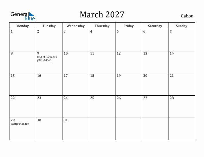 March 2027 Calendar Gabon