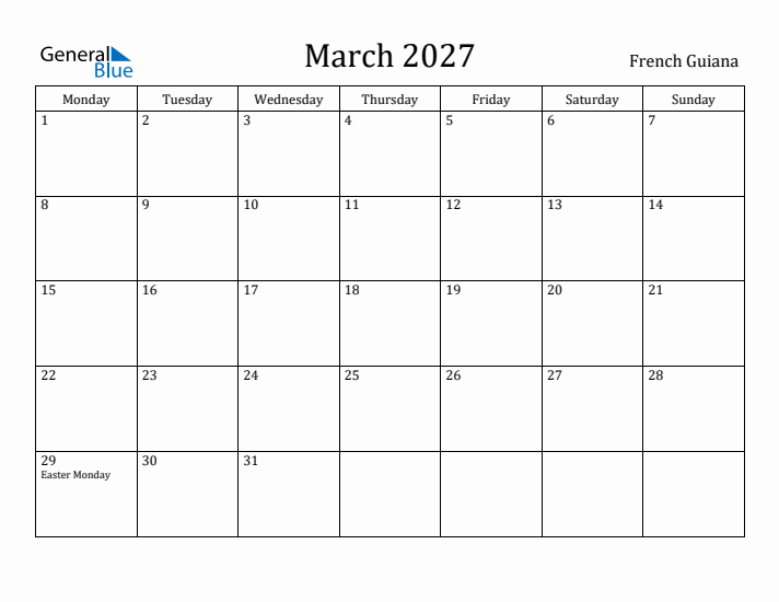 March 2027 Calendar French Guiana