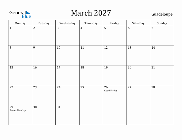 March 2027 Calendar Guadeloupe