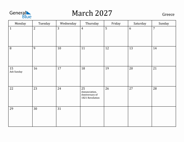 March 2027 Calendar Greece