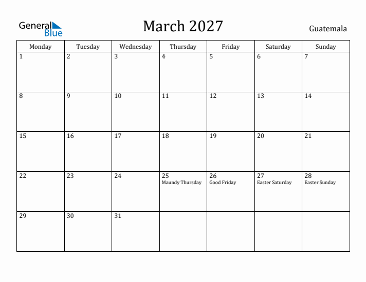 March 2027 Calendar Guatemala