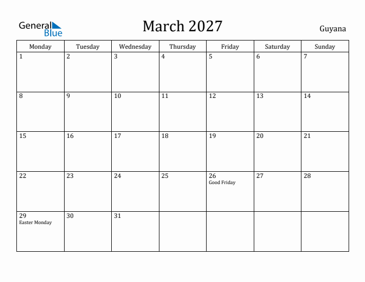 March 2027 Calendar Guyana