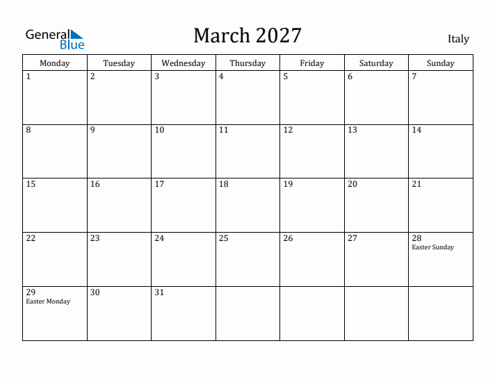 March 2027 Calendar Italy