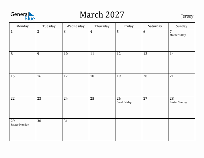 March 2027 Calendar Jersey