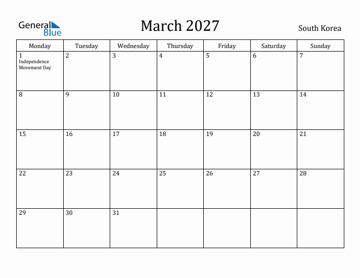 March 2027 Calendar South Korea