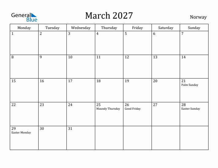 March 2027 Calendar Norway