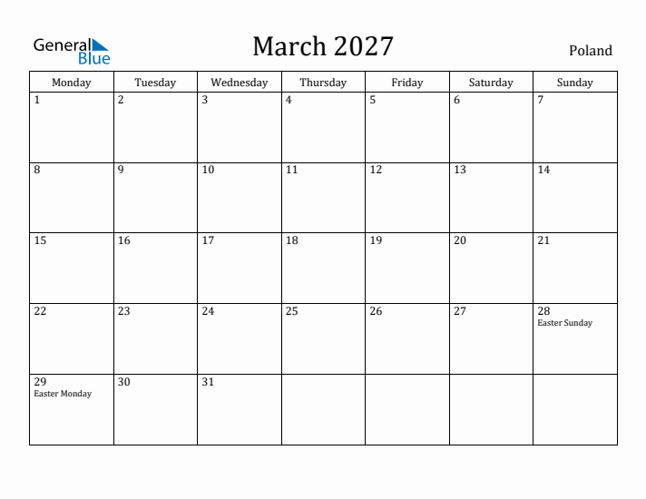 March 2027 Calendar Poland