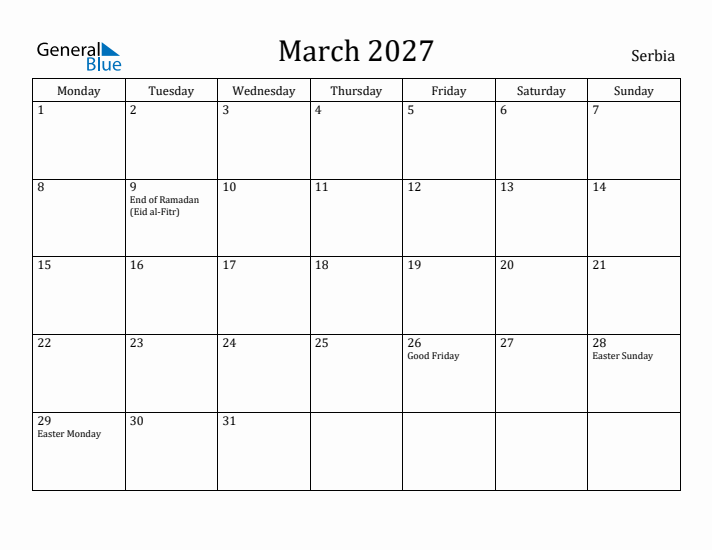 March 2027 Calendar Serbia