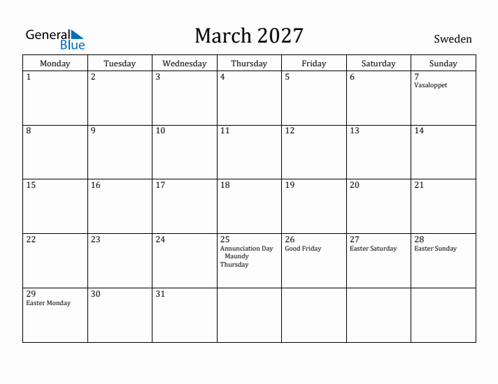 March 2027 Calendar Sweden