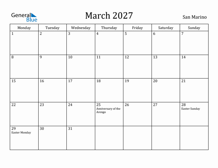 March 2027 Calendar San Marino