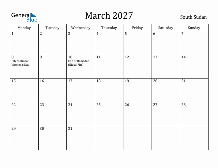 March 2027 Calendar South Sudan