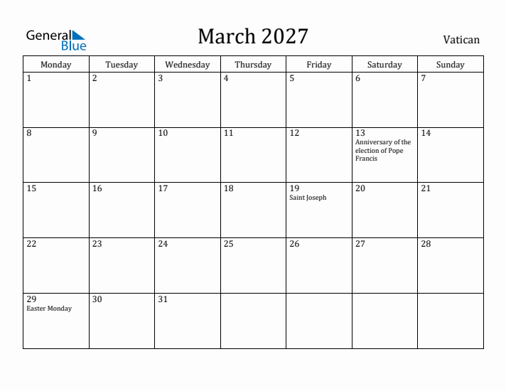 March 2027 Calendar Vatican