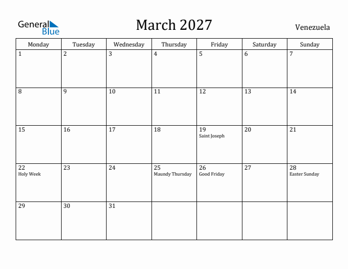 March 2027 Calendar Venezuela