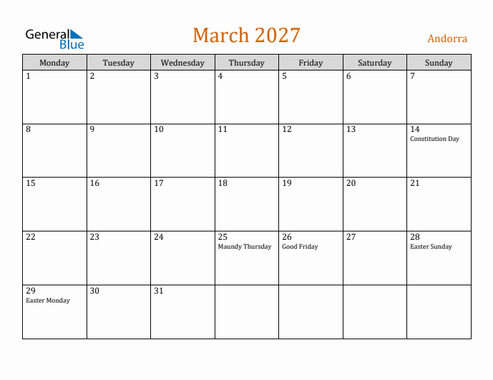 March 2027 Holiday Calendar with Monday Start