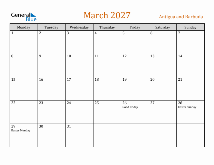 March 2027 Holiday Calendar with Monday Start