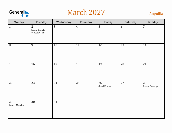 March 2027 Holiday Calendar with Monday Start