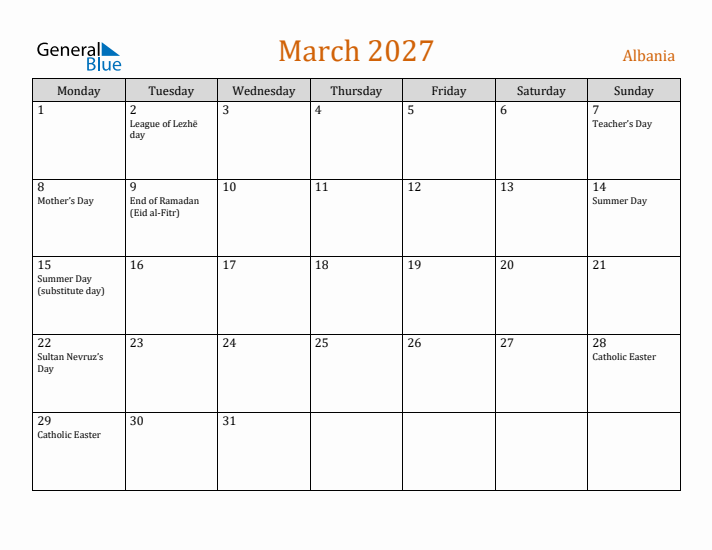 March 2027 Holiday Calendar with Monday Start