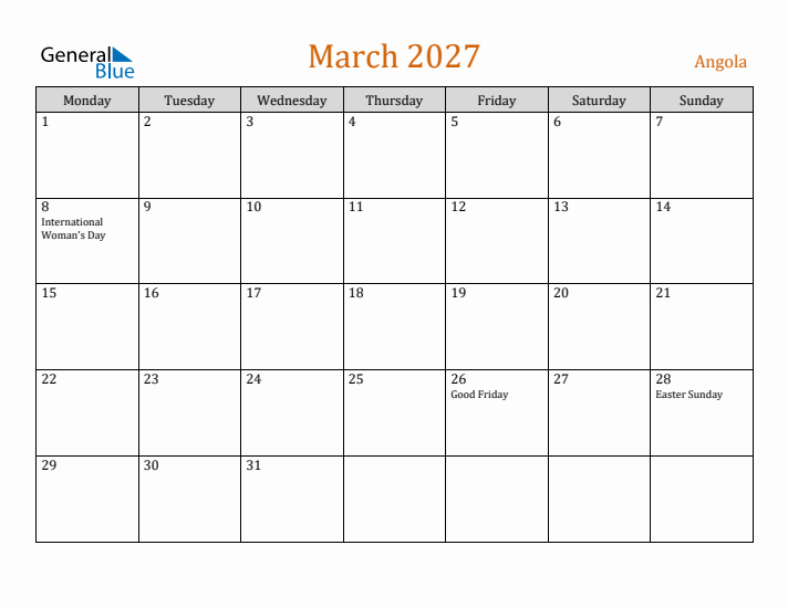 March 2027 Holiday Calendar with Monday Start