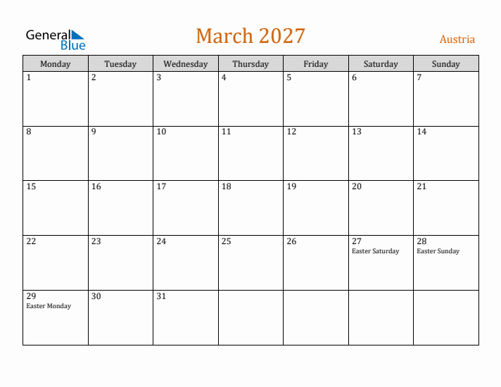 March 2027 Holiday Calendar with Monday Start