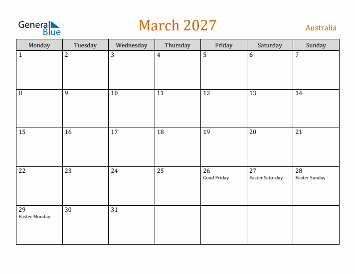 March 2027 Holiday Calendar with Monday Start