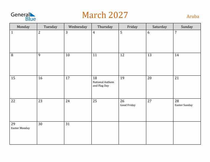 March 2027 Holiday Calendar with Monday Start