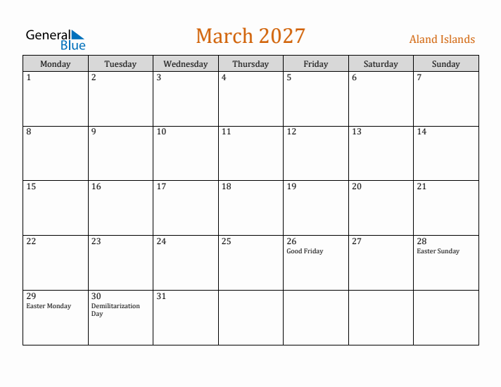 March 2027 Holiday Calendar with Monday Start