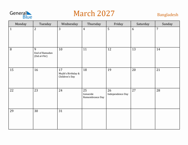 March 2027 Holiday Calendar with Monday Start