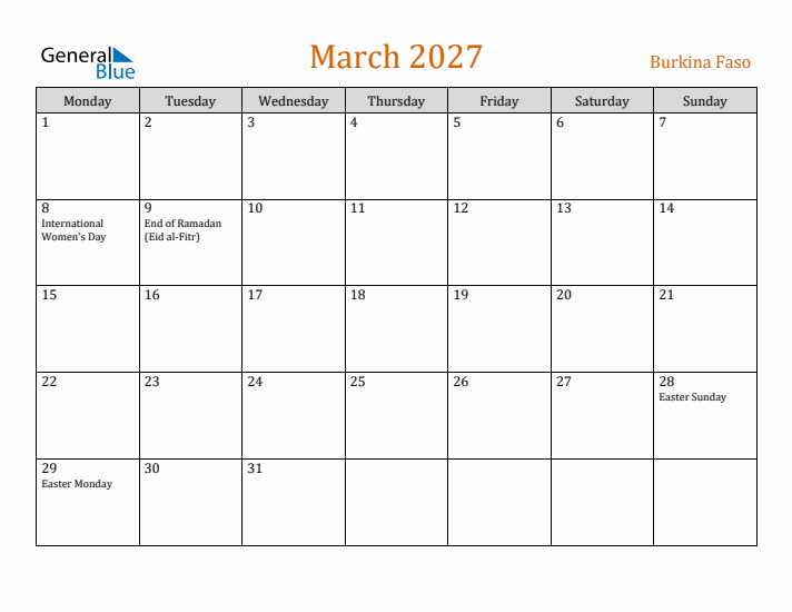 March 2027 Holiday Calendar with Monday Start