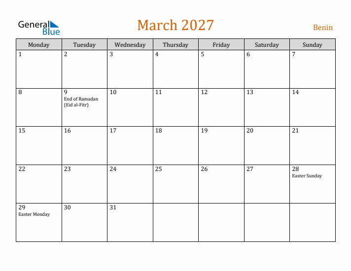 March 2027 Holiday Calendar with Monday Start