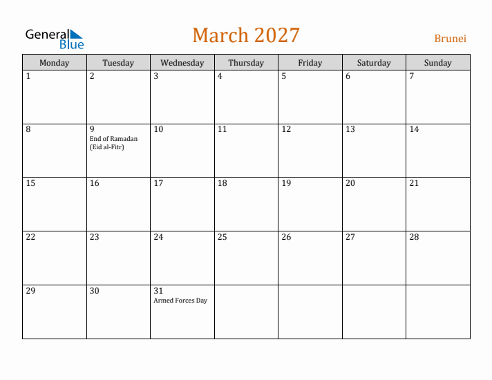 March 2027 Holiday Calendar with Monday Start