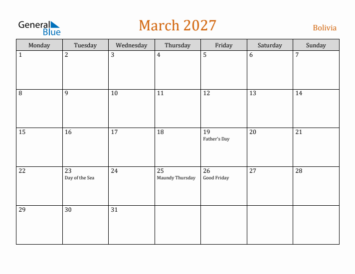 March 2027 Holiday Calendar with Monday Start