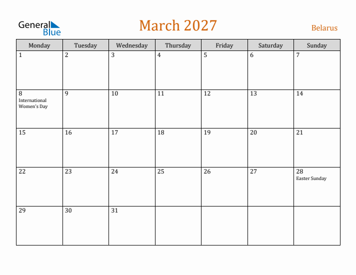 March 2027 Holiday Calendar with Monday Start