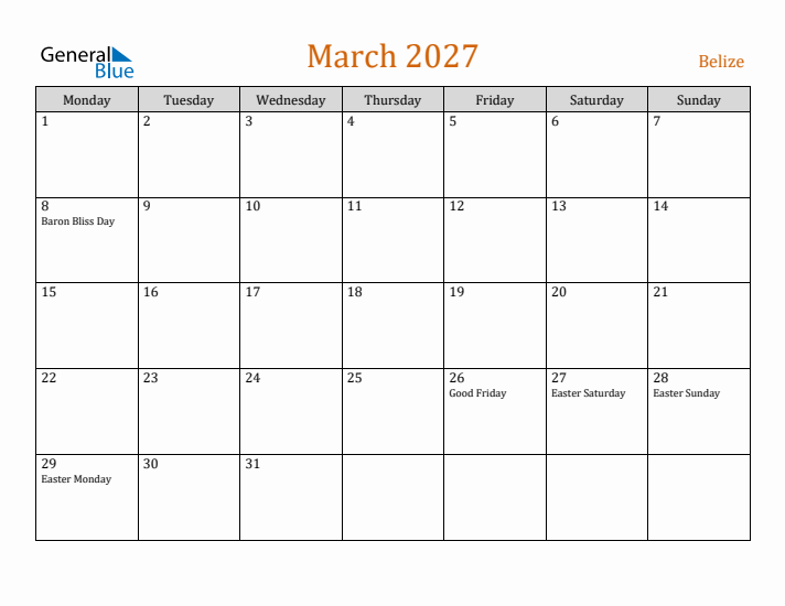 March 2027 Holiday Calendar with Monday Start