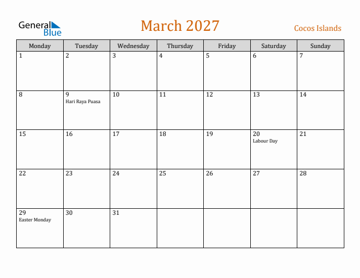 March 2027 Holiday Calendar with Monday Start