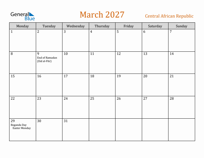 March 2027 Holiday Calendar with Monday Start