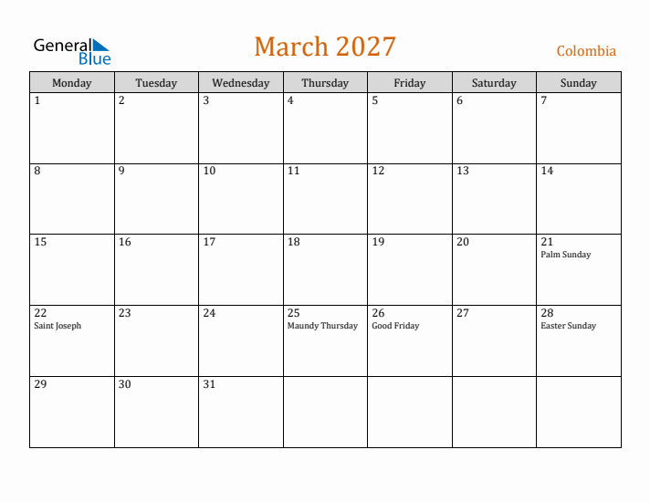 March 2027 Holiday Calendar with Monday Start