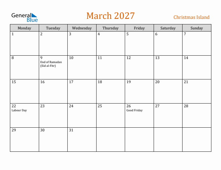 March 2027 Holiday Calendar with Monday Start