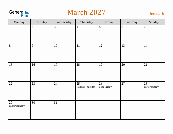 March 2027 Holiday Calendar with Monday Start